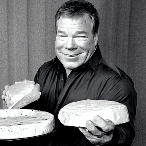 Prompt: william shatner eating a large wheel of cheese,