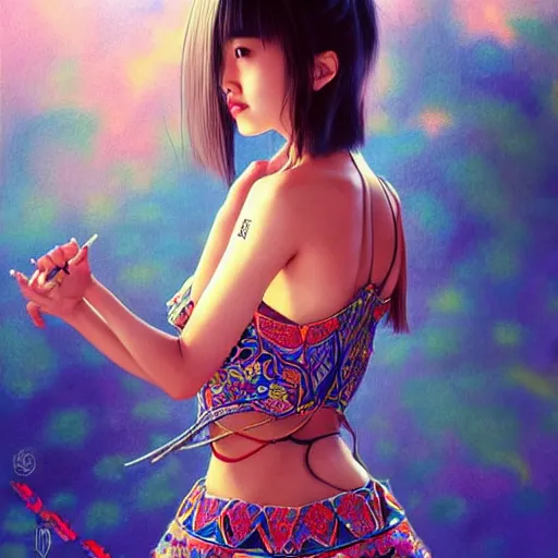 Image similar to a beautiful young japanese natalie portman alluring gravure model, wearing elaborate designer tank top, tank top with mesoamerican patterns, by akira toriyama and wlop and ilya kuvshinov and artgerm and, aesthetic, gorgeous, stunning, alluring, attractive, artstation, deviantart, pinterest, digital art