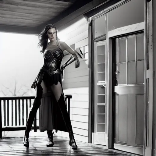 Prompt: gal gadot posing on a porch at a house, zeiss lens, detailed, symmetrical, centered, fashion photoshoot, by annie leibovitz and steve mccurry, david lazar, jimmy nelsson, breathtaking, 8 k resolution, extremely detailed, beautiful, establishing shot, artistic, hyperrealistic, beautiful face, octane render