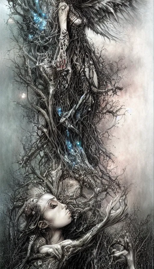 Prompt: life and death mixing together, by luis royo,