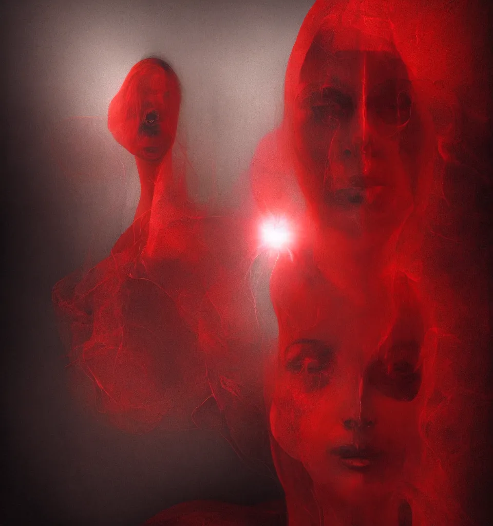 Prompt: closeup digital portrait of a magic woman, single face, chiaroscuro, red fabric, metalic parts, transparent smoke from hell, notan sun in the background, abstract, surreal art painted by beksinski, android jones and salvador dali