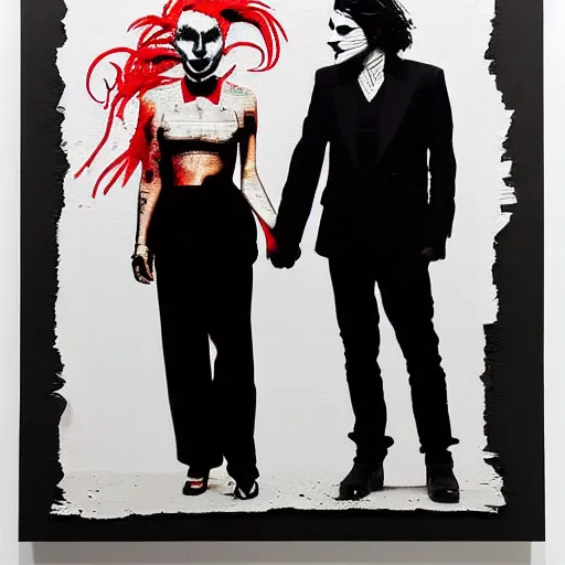 Image similar to richard hamilton and mimmo rottela and banksy as joaquin phoenix skinny joker holding hand lady gaga harley queen, ultra photorealistic, intricate details, pop art style, concept art, 3 colors, 4 d, smooth, sharp focus