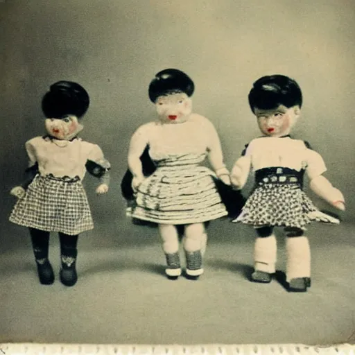 Prompt: 1 9 5 0 s, creepy dolls jumping towards viewer, horror, lost photograph, final photo found, forgotten, polaroid,