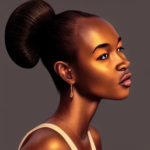 Prompt: intricate beautiful portrait of a cute thin young black woman, hair in a ponytail, casual clothes, relaxing on the couch, home interior, golden hour, close up shot, 8 k, hyperreal art by irakli nadar, hyperrealism, hyperdetailed, ultra realistic