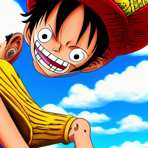 Prompt: monkey d luffy from one piece punching, perspective shot, sky background, vivid colors, thick lines, anime art style, global illumination