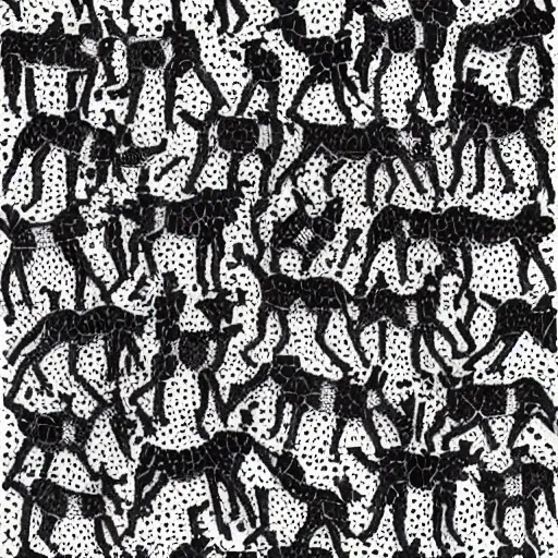 Prompt: lots and lots of black and white tessellating African wild dogs by Escher