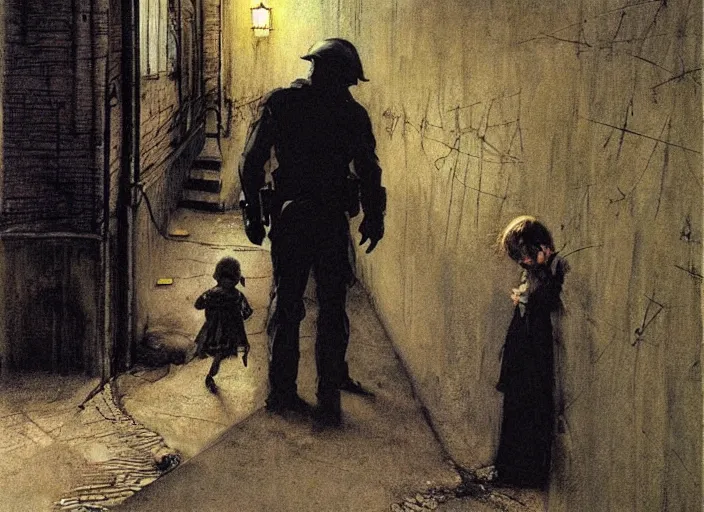 Image similar to dark alley with a poor child being questioned by a futuristic cop, painting by andrew wyeth and alan lee, very detailed, somber mood,