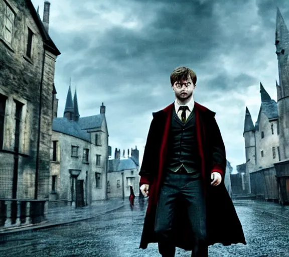 Image similar to Daniel radcliffe as harry potter, epic wide shot, cinematic shading, widescreen, sharp image, warm colors, Blu-Ray, directed by Christopher Nolan and Asher Duran