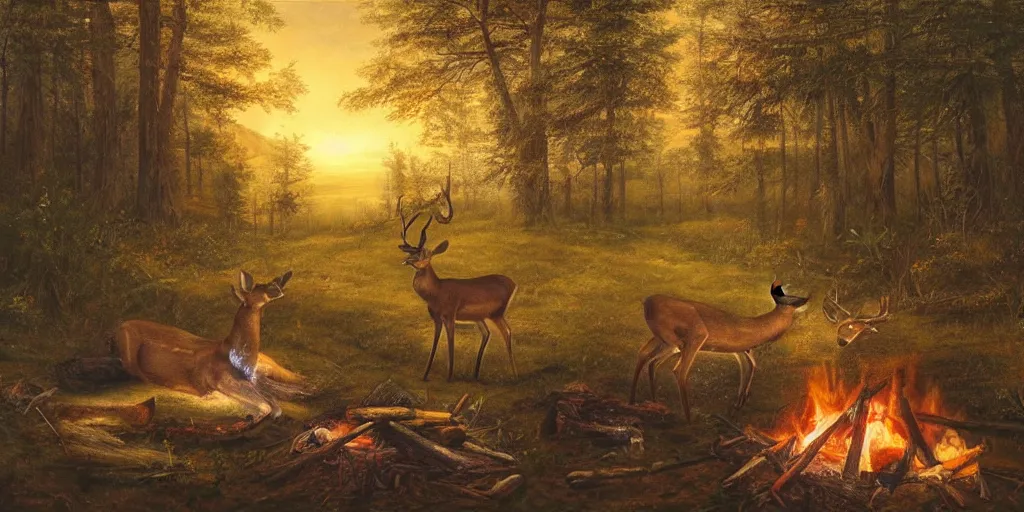 Image similar to A deer sitting next to a campfire in the forest. The deer is holding a cup of tea, watching the sunset, highly detailed painting