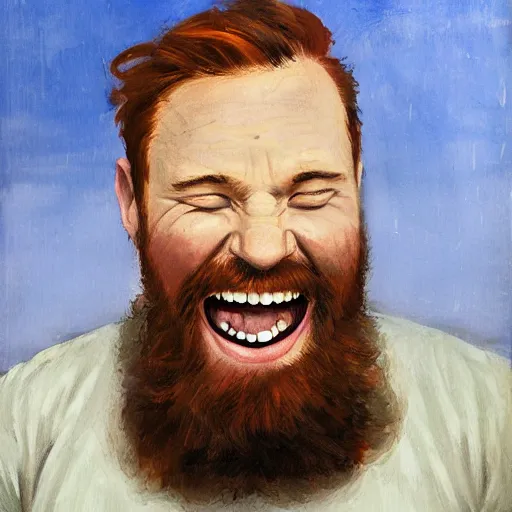 Prompt: a portrait of a laughing redhead man with a short beard, by david palumbo