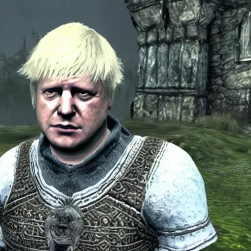 Image similar to boris johnson in skyrim, videogame cutscene