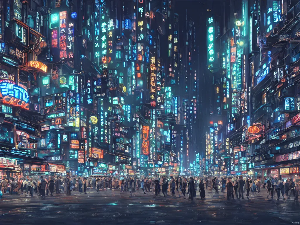 Prompt: hyperrealistic render of a rustling and busy city street at night, art deco buildings, crowded, by hugh ferris, by noriyoshi ohrai, fantasy, living buildings, classical architecture, cyberpunk ads, cyberpunk signs, blue color scheme, fine detail, polished, smooth, sharp focus, octane, 8 k resolution, cgsociety, trending on artstation