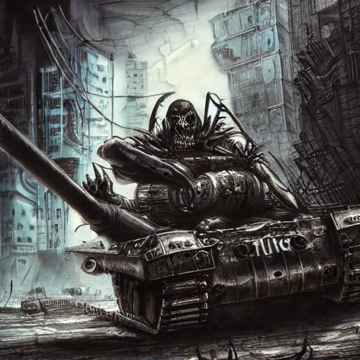 Prompt: a terrifying portrait of judge death as a sherman tank in a cyberpunk city by simon bisley, extremely hyperdetailed, extreme photorealism, eerie low lighting, disturbing evil atmosphere, mixed media illustration, masterpiece, horror, long fangs and claws, intricate, highly detailed, 8 k, artstation, concept art, smooth, sharp focus, full color