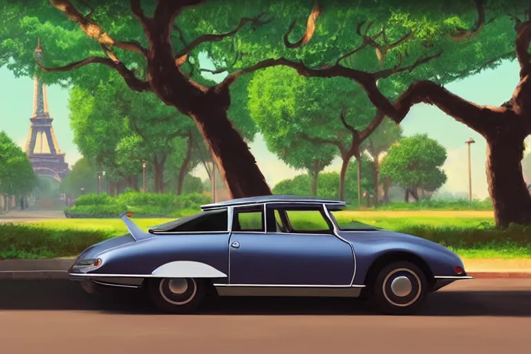 Prompt: a wholesome animation key shot of!! one!! focused!! 1 9 7 4 citroen ds!! in a tree lined beautiful paris street, medium shot, studio ghibli, ( pixar ) and disney animation, sharp, very detailed, high resolution, rendered in unreal engine 5, anime key art by greg rutkowski, bloom, dramatic lighting