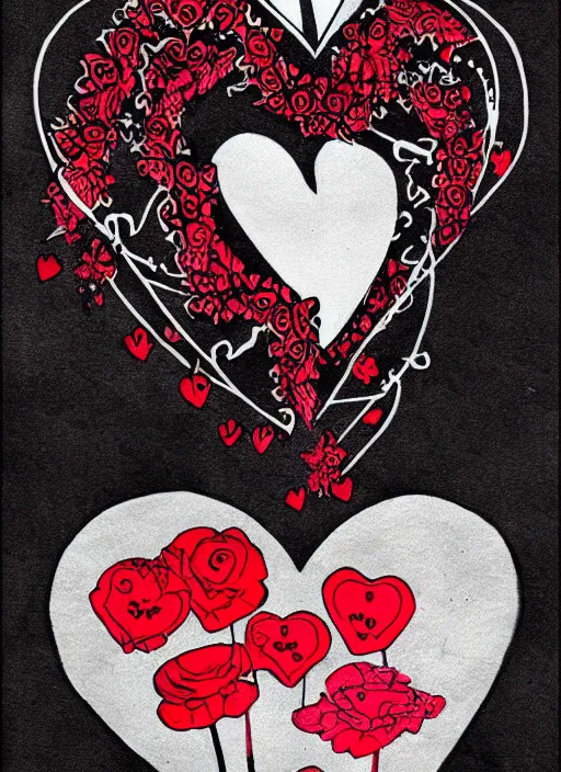 Image similar to goth valentine's day card design, romantic, intricate, hot topic, black bleeding stylized heart