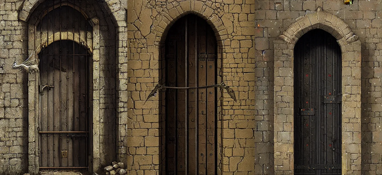 Prompt: medieval door with black steel bars, stephen bliss, unreal engine, fantasy art by greg rutkowski, loish, rhads, makoto shinkai, detailed and intricate environment