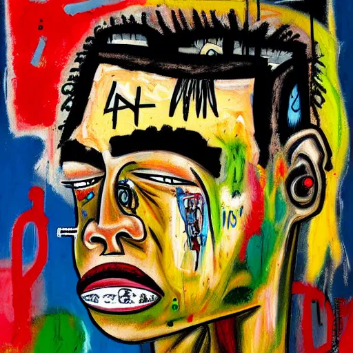 Image similar to detailed chaotic neo expressionism oil painting of sad boy rapper crying with tattoos by basquiat