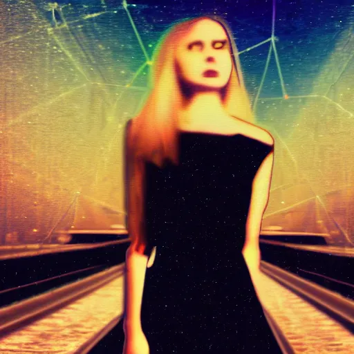 Image similar to girl in a black dress leaning against a bridge rail, chromatic aberration, glitch art,