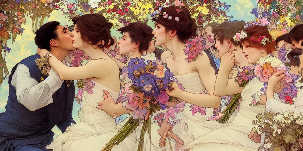 Image similar to the groom kisses the bride at a wedding full of flowers, bright and happy, dreamlike art, highly detail, 4 k realistic, krenz cushart. artem demura. alphonse mucha. yoji shinkawa artgerm. jon lothian. danilo torres. adi meyers. thomas reimann. gaston bussiere.