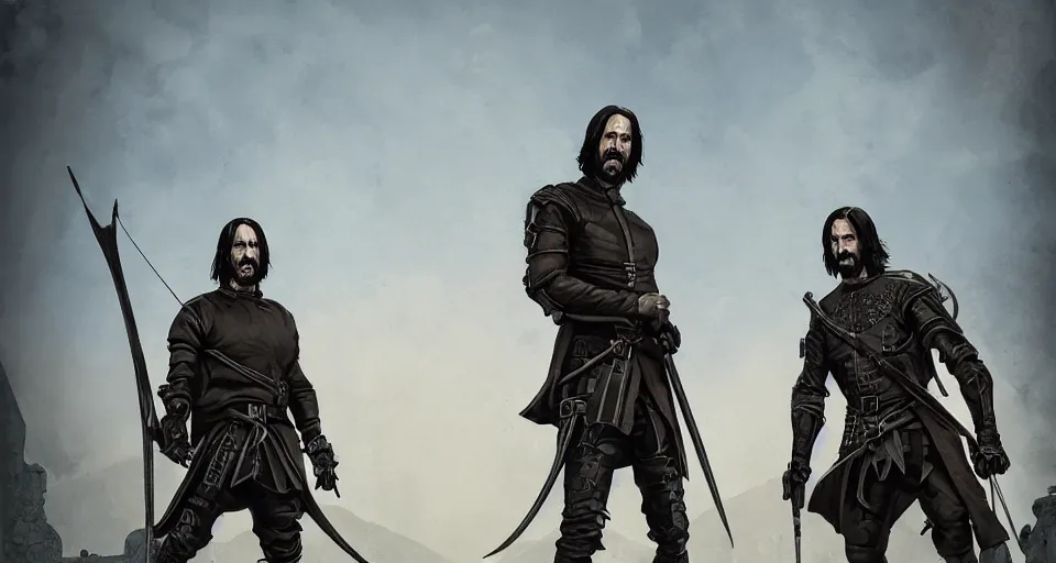 Image similar to john wick and Simon peck as medieval bowmen, standing on a gothic style castle wall, overlooking a bloody battlefield in the background, trending on artstation, artwork in style of peter mohrbacher, unreal engine, octane render, intricate details, 8k high definition, beauriful, ornate, hyperrealistic