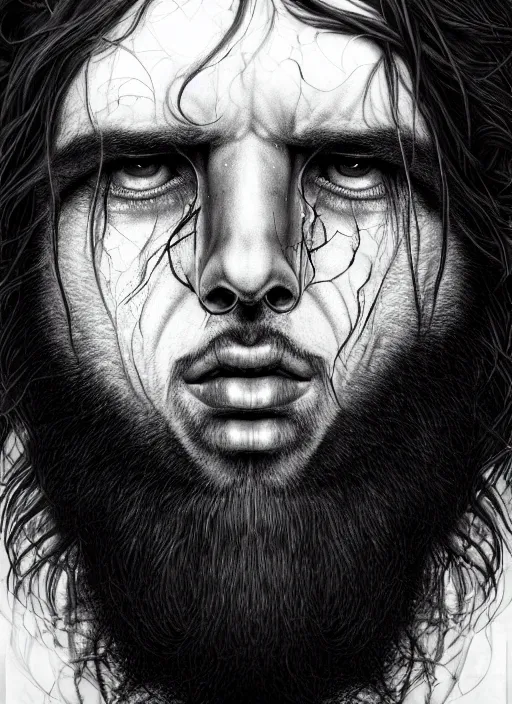 Image similar to a dream portrait of a shy boy with long hair and full beard, black & white, melting, webbing, 8 k, by tristan eaton, stanley artgerm, tom bagshaw, greg rutkowski, carne griffiths, ayami kojima, beksinski, giger, trending on deviantart, face enhance, hyper detailed, minimalist, horror, alien