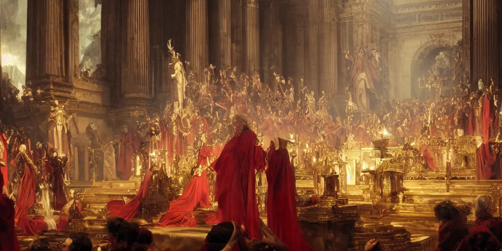 Image similar to beautiful oil matte portrait painting, steve buscemi in royal crimson robes enthroned as the god emperor of ancient rome surrounded by servants in gilded halls a golden wreath upon his head, by anders zorn, wonderful masterpiece by greg rutkowski, beautiful cinematic light, american romanticism, by thomas lawrence, greg rutkowski