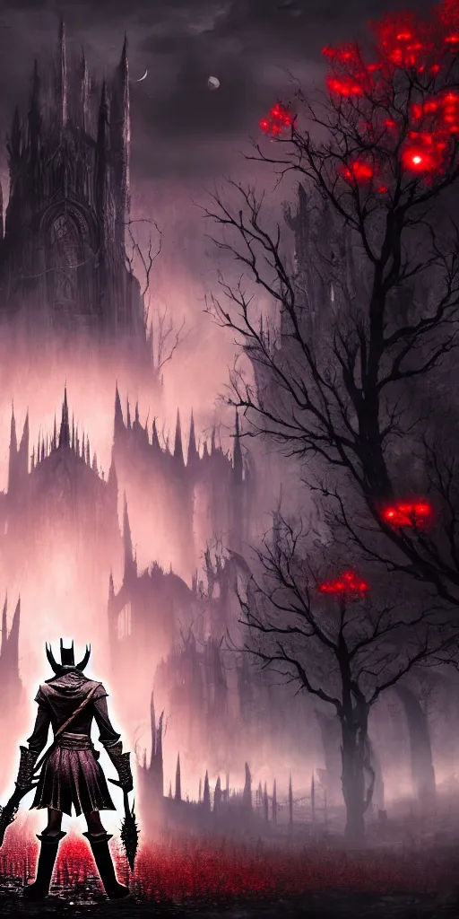 Image similar to populated bloodborne old valley with a dark person at the centre and a ruined gothic city in the background, trees and stars in the background, falling red petals, epic red - orange moonlight, perfect lightning, wallpaper illustration by niko delort and kentaro miura, 4 k, ultra realistic