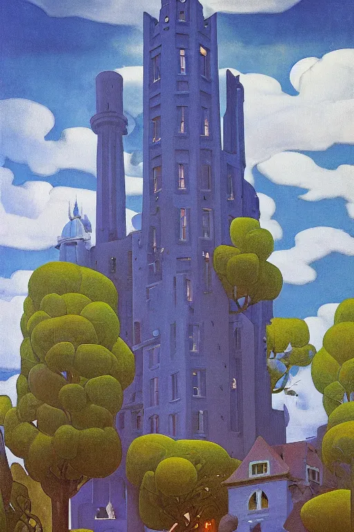 Prompt: view of the mysterious blue tower in its gardens after a storm, tall windows lit up, beautiful ornamental architecture, dramatic cinematic lighting, rich colors, by Nicholas Roerich and William Dyce and April Gornik and Sylvain Sarrailh and Ludwig Deutsch and Diego Rivera, featured on artstation