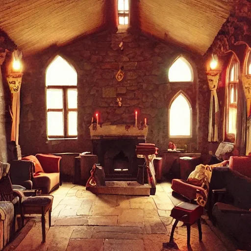 Image similar to A photograph of the Gryffindor common room, cozy arm chairs, a fire burning in the hearth, high ceilings, lit by many candles, light rays, magic aura, bloom, mysterious