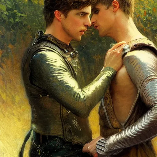 Image similar to attractive male arthur pendragon confesses his love to attractive male merlin. highly detailed painting by gaston bussiere, craig mullins, j. c. leyendecker 8 k