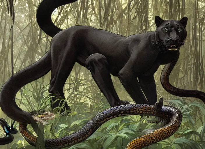 Image similar to animal concept of a black panther melanistic deep black leopard killing a snake, hunting an anaconda, on Singaporean forest tree, jungle, accurately portrayed, portrait art by alphonse mucha and greg rutkowski, highly detailed, digital painting, concept art, illustration, dim lighting with twilight rays of sunlight, trending on artstation, very detailed, smooth, sharp focus, octane render, close up