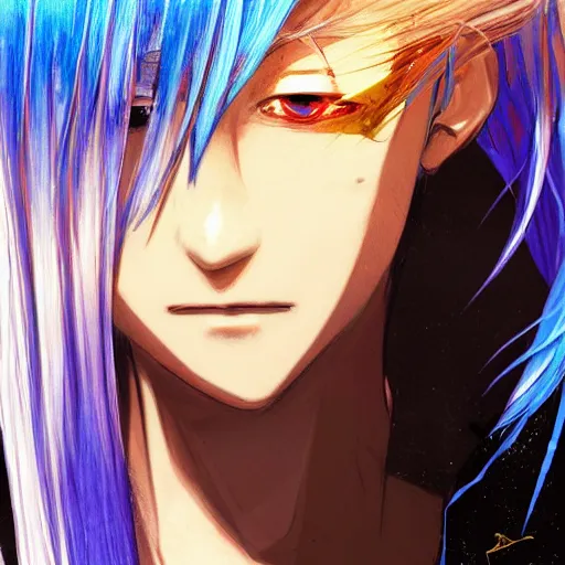 Image similar to side profile of rimuru tempest looking down with sky blue hair, long hair, gold eyes, high collar, film grain, 3 5 mm, black jacket | shiny, highly detailed, rain, professional digital painting, concept art, award - winning photography, cinematic, wlop | art by pixiv art, andy warhol, yoshitaka amano, deviantart