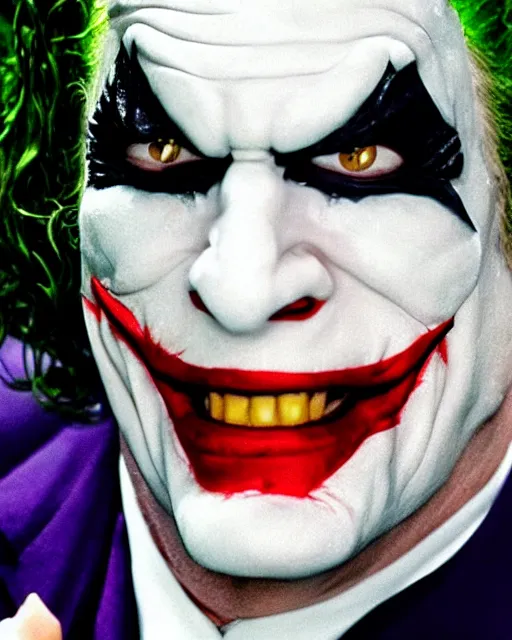 Prompt: Film still close-up shot of Vince McMahon as The Joker from the movie The Dark Knight