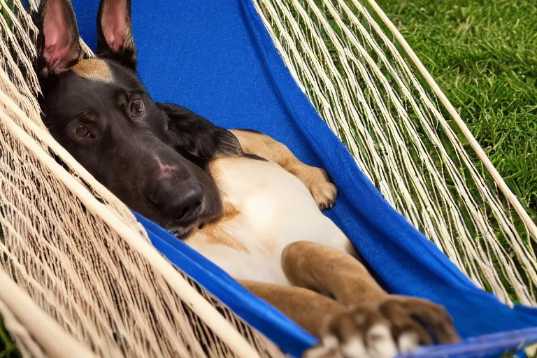 Prompt: a dog resting in the hammock