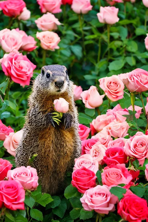 Prompt: groundhog with bouquet of roses photo portrait valentine's day