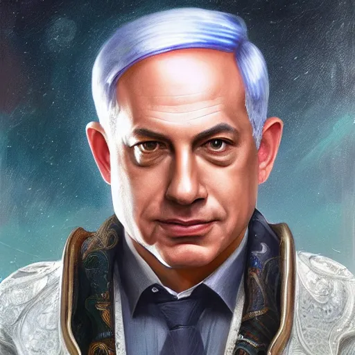 Prompt: benjamin netanyahu as a fantasy magic man portrait, sci - fi, amber eyes, face, fantasy, intricate, elegant, highly detailed, digital painting, artstation, concept art, smooth, sharp focus, illustration, art by artgerm and greg rutkowski and alphonse mucha.