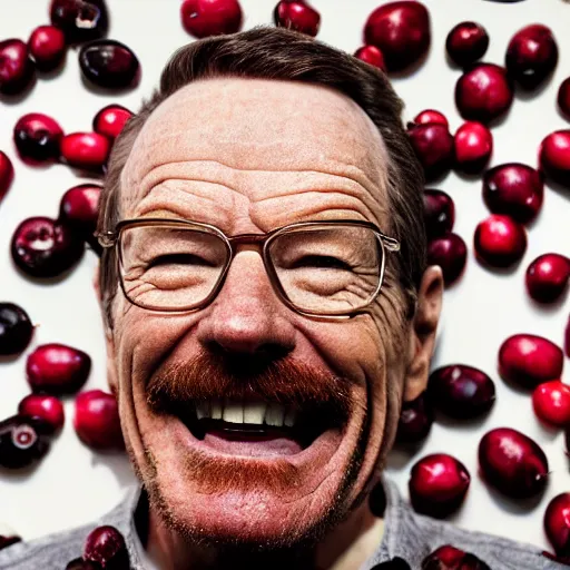 Prompt: closeup portrait of happy bryan cranston mouth filled with cranberies, submerged in cranberries, food photography, natural light, sharp, detailed face, magazine, press, photo, steve mccurry, david lazar, canon, nikon, focus