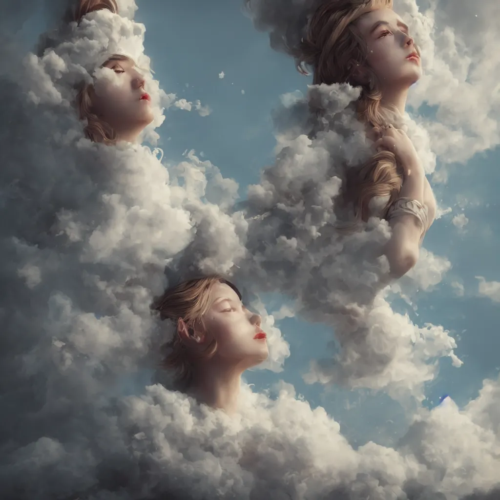 Image similar to beautiful girl in full gown blowing clouds, beautiful portrait, character concept style trending on artstation concept art detailed octane render cinematic photo - realistic 8 k high detailed