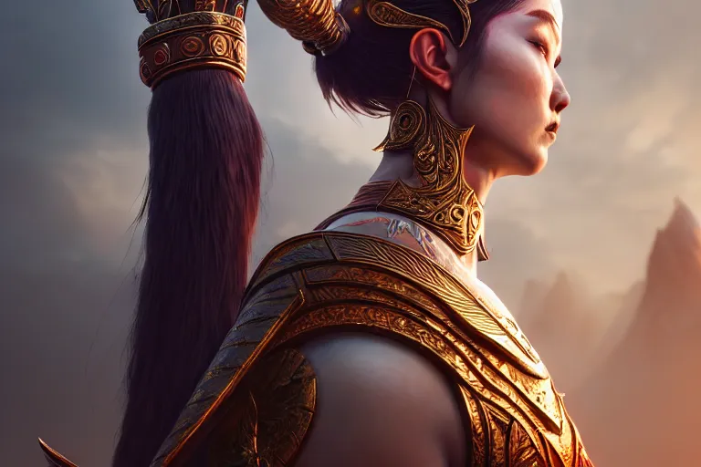 Image similar to a priestess praying to the god of war, occlusion shadow, specular reflection, rim light, unreal engine, octane render, artgerm, artstation, art by yao wang, high quality, intricate detailed 8 k, fantasy illustration, extremely beautiful and aesthetic shape of face and body