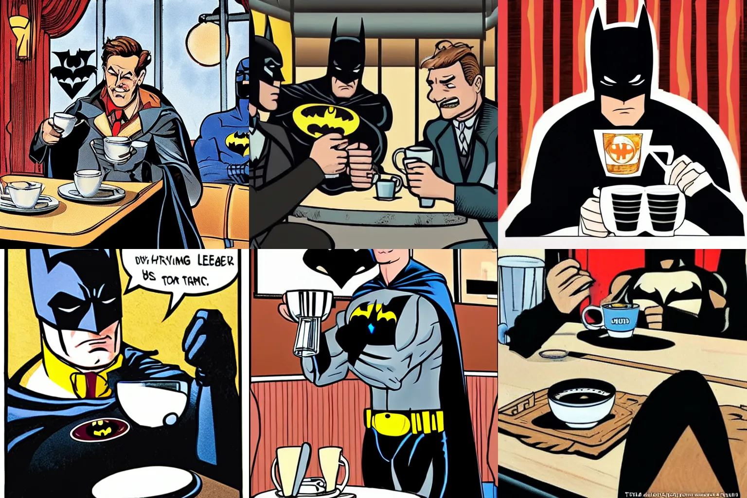 Prompt: Batman drinking a cup of coffee in a diner