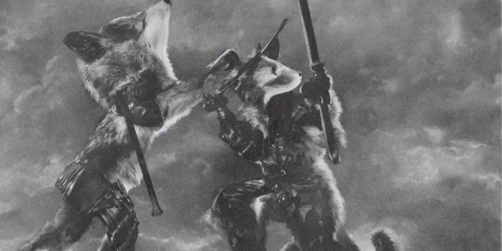 Prompt: anthropomorphic fox who is a medieval knight holding a sword towards a stormy thundercloud 1 9 3 0 s film still