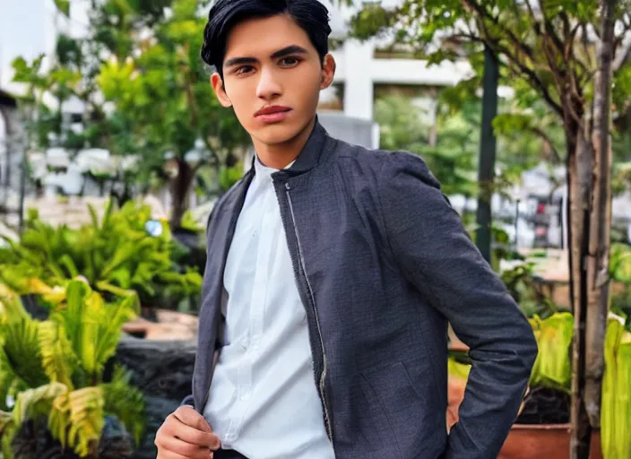 Image similar to outdoor medium close shot of a very very very very extremely handsome!!! good looking young man in 2 0 2 2 with the face of jose rizal!!! wearing stylish modern clothes photo taken in 2 0 2 2, 3 5 mm f 1. 4 digital color photography