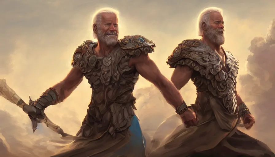 Prompt: Digital painting of Joe Biden as Zeus, artistic, hyperdetailed, artstation, cgsociety, 8k