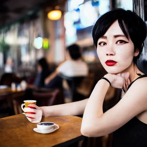 Image similar to woman sitting in a cafe in China, artwork by guweiz, short black hair, freckles, face tattoos, futuristic, cyberpunk face mods, sigma 85mm f/1.4, 4k, depth of field, unreal engine, stylized