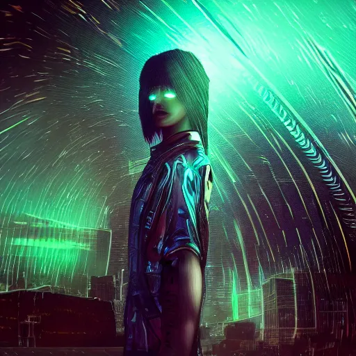 Prompt: human portrait formed out of rain, beautiful, neon, epic detail, galactic background, unreal engine