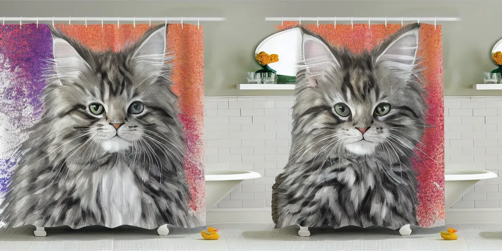 Prompt: shower curtain product catalog. on the curtain is a watercolor with ink under drawing of a maine coon kitten. wide - angle product photography, product lighting. 4 k, highly detailed. saturated.