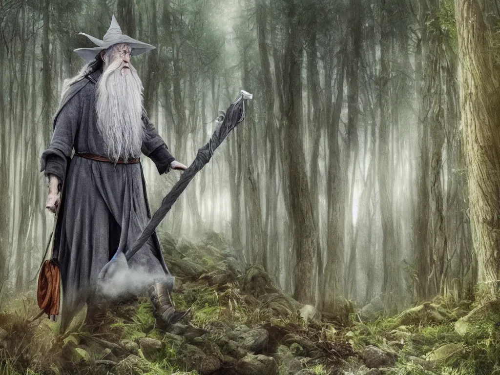 Image similar to Gandalf the Grey travelling in the forest, neo-romanticism, colorful