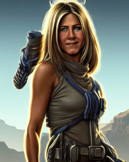 Prompt: Young Jennifer Aniston as an Apex Legends character digital illustration portrait design by, Mark Brooks and Brad Kunkle detailed, gorgeous lighting, wide angle action dynamic portrait