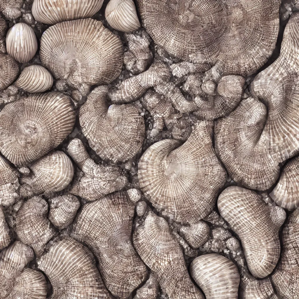 Image similar to geometric complex sea shell designs by ernst haeckel, closeup, fractal, realistic cinema 4 d render, beach sand background, clear focus, very coherent, very detailed