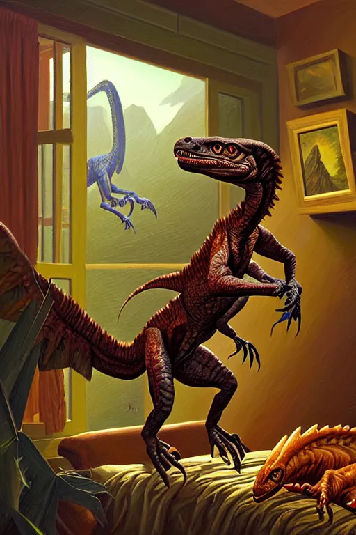 Prompt: classic oil painting, a velociraptor, as a dnd character, inside a cluttered bedroom, cottagecore, highly detailed, digital illustration, concept art, smooth, sharp focus, art by tim hildebrandt, and greg hildebrandt